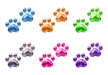 Set of dog or cat paw icons in 3d rendering isolated on transparent background for pet, animal concept. - obrazy, fototapety, plakaty