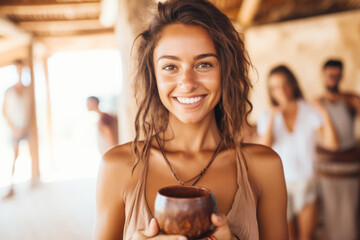 Portrait of a happy and smiling yoga teacher on Ibiza island, holding cacao drink in ceramic cup. Blurred people in the background