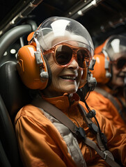 An elderly woman sits in the cabin of an airplane preparing to skydive
