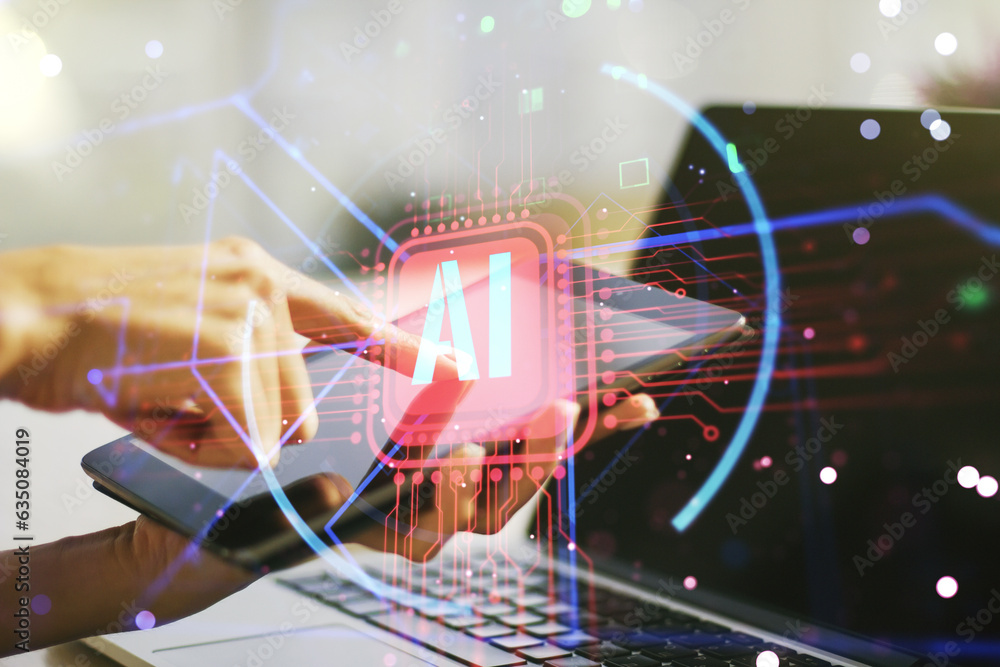 Poster double exposure of creative artificial intelligence abbreviation and hand working with a digital tab