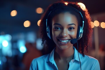 Smiling female african american customer support agent working with headset in office. - obrazy, fototapety, plakaty