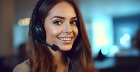 Portrait of beautiful businesswoman or helpdesk operator with headset looking at camera in the office.