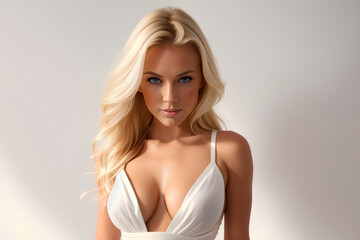 Portrait of blonde woman in white lingerie looking at camera. Natural background with mockup. Generative AI.