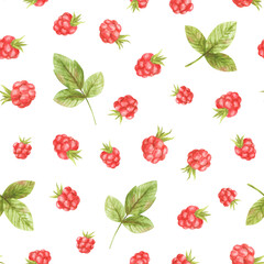 Watercolor seamless pattern with raspberries and leaves. Summer hand-drawn texture with red berries
