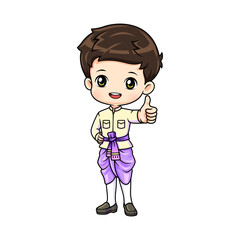 Cute boy in thai traditional costume mascot cartoon character in thumb up posture