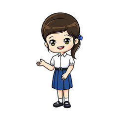 Cute girl in thai student uniform mascot cartoon character in presenting  posture