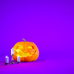 Halloween purple background with Jack o lantern, candles and copy space.
