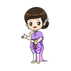 Cute girl in thai traditional costume mascot cartoon character in presenting posture