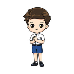 Cute boy in thai student uniform mascot cartoon character in greeting posture