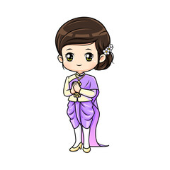 Cute girl in thai traditional costume mascot cartoon character in greeting posture vector illustration