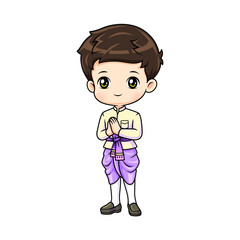 Cute boy in thai traditional costume mascot cartoon character in greeting posture