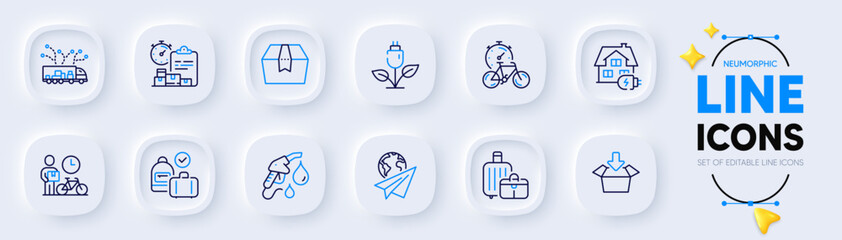 Petrol station, Truck delivery and Package box line icons for web app. Pack of Bike timer, Baggage, Carry-on baggage pictogram icons. Delivery report, Home charging, Paper plane signs. Vector