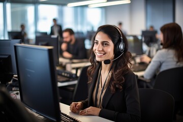 Female customer support agent with wireless headset sitting at her workspace, using computer and talking to client at call center.