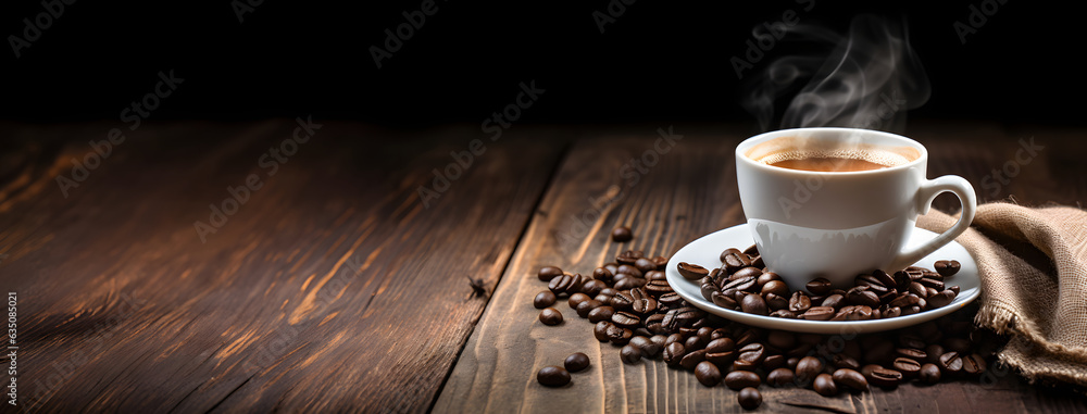 Wall mural a steaming cup of coffee amidst scattered coffee beans on a rustic wooden table, invoking the essenc