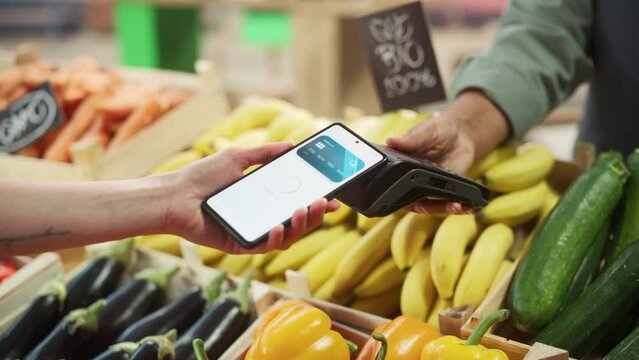 Digital Banking Concept: Shopper Using Cellphone with Contactless Payment Technology to Pay for Natural Goods at a Farmers Market. Street Vendor Holding an Electronic Payment and a Card Reader Device