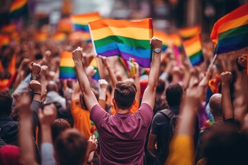 Back view of people with LGBT and Trans flags protest on the street. Equality. Freedom. Protest. Flag. Pride. Rainbow. Parade. Community. People. Diversity. Right. Support. Lesbian. Sex. Event