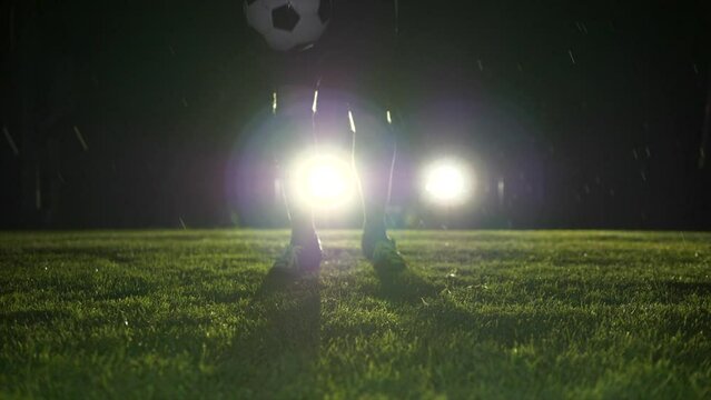 Soccer Player Athlete Training Foot ball Sport on Soccer Field at Night
