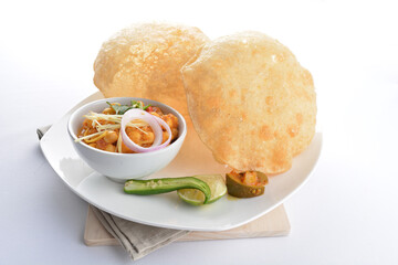 deep fried indian pappadom snack with vegetable bean curry breakfast on white background asian chef appetiser halal bakery food restaurant pastry menu for cafe