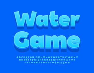 Vector bright Emblem Water Game. Artistic blue 3D Font. Modern Alphabet Letters and Numbers