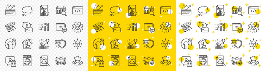 Outline Roller coaster, Ranking and Washing machine line icons pack for web with Talk bubble, Shield, Video conference line icon. Report, Search calendar, Seo script pictogram icon. Vector