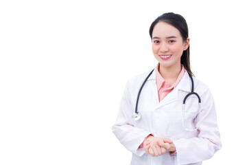 Fototapeta premium Young professional Asian woman doctor in medical uniform is standing smiling confidently holding hands while working isolated on white background. healthcare concept