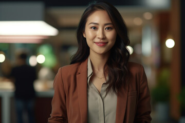 Portrait of a smiling Asian businesswoman standing and looking at the camera in a blurred office at a team meeting background. 