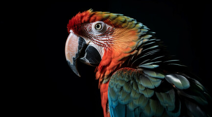 Obraz premium Parrot on black background, created with Generative AI technology