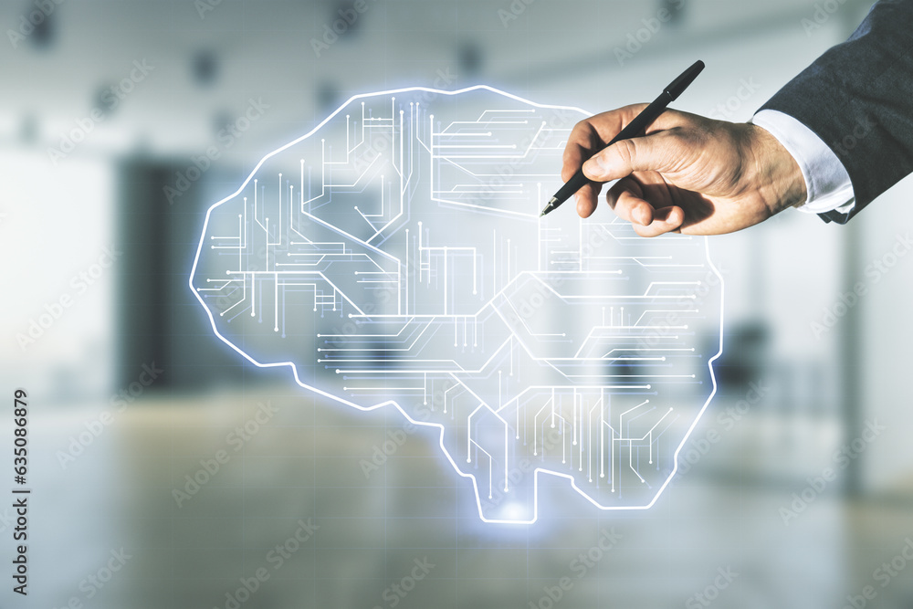 Poster man hand with pen working with virtual creative artificial intelligence hologram with human brain sk