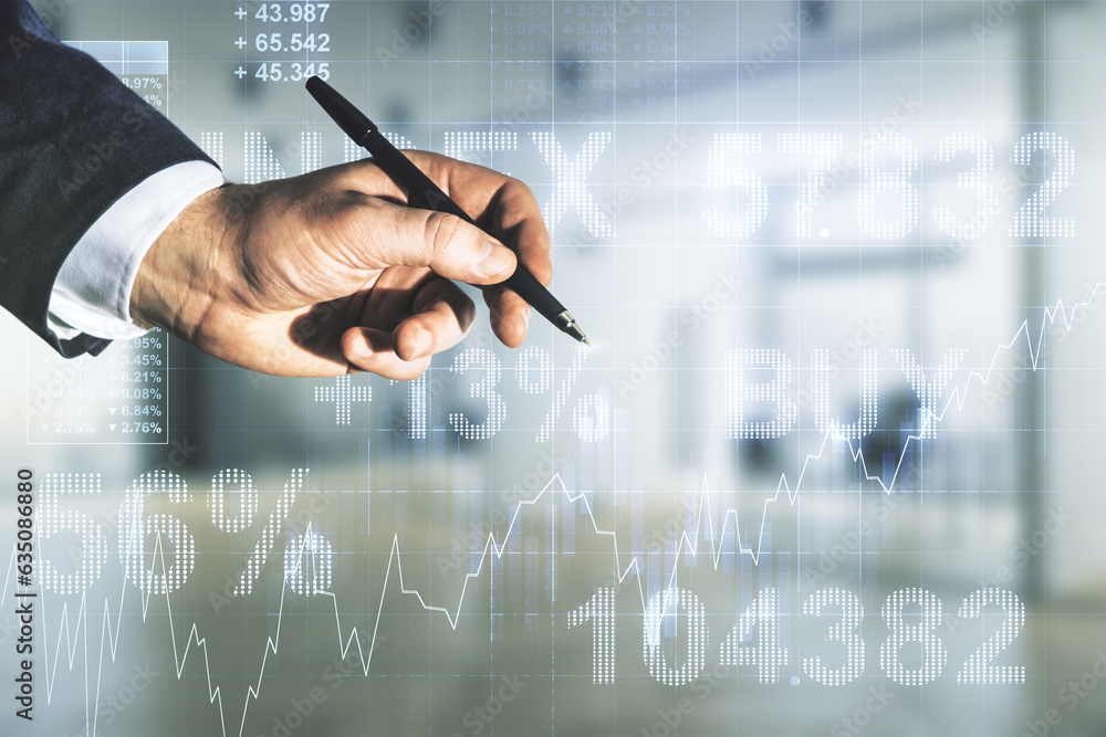 Poster multi exposure of trader hand with pen working with virtual abstract financial graph interface on bl
