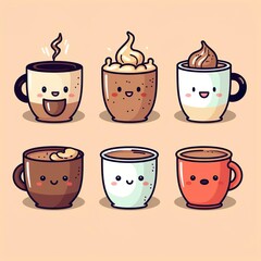 Obraz premium illutration of cute kawai coffee cup collection made with generative ai technology