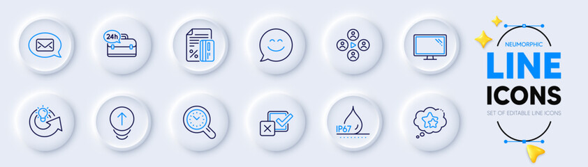 Fototapeta premium Monitor, Checkbox and Share idea line icons for web app. Pack of Smile chat, Swipe up, Ranking stars pictogram icons. Video conference, Messenger, Time management signs. Waterproof. Vector