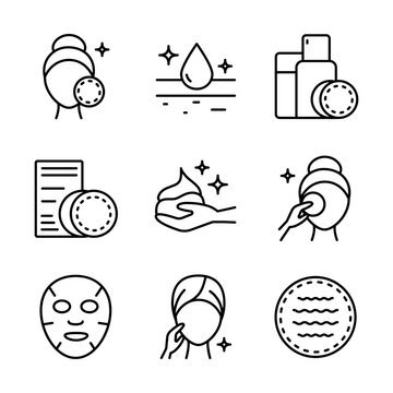 Makeup removal and skin care icons set. Simple flat style. Face, beauty, health, woman, healthy, mask, clean, fresh, girl, cleansing concept. Vector illustration isolated on white background. Aestheti