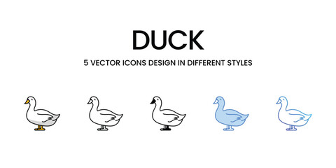 Duck Icon Design in Five style with Editable Stroke. Line, Solid, Flat Line, Duo Tone Color, and Color Gradient Line. Suitable for Web Page, Mobile App, UI, UX and GUI design.