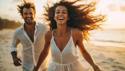 Active bliss. Happy couple embracing health and love, running together on beautiful tropical beach at sunrise, creating unforgettable memories of joyful getaway and connection.