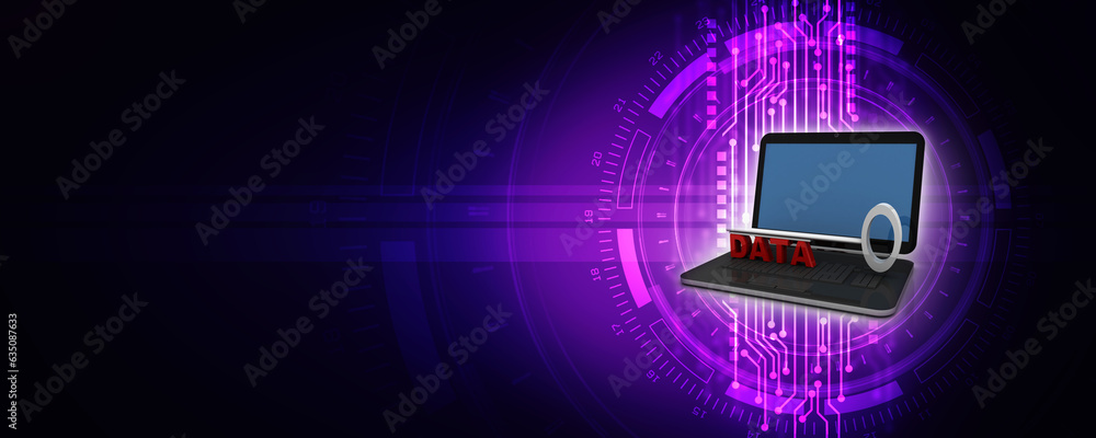 Poster 3d rendering data with key on laptop