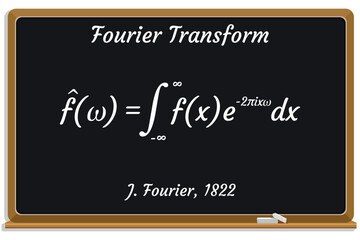 Fourier Transform on a black chalkboard.. Education. Science. Formula. Vector illustration. 