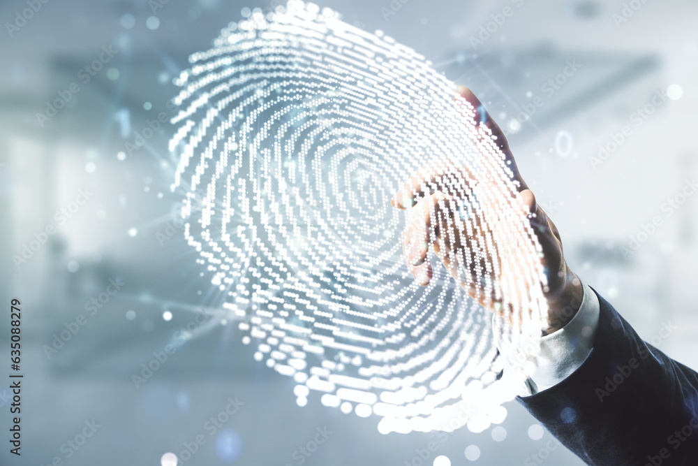 Poster man hand working with abstract virtual fingerprint hologram on blurred office background. multiexpos