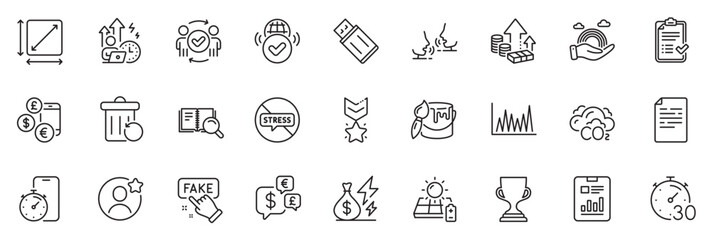 Icons pack as Winner medal, Usb flash and Difficult stress line icons for app include Award cup, Timer, Square area outline thin icon web set. Currency rate, Money currency, Brush pictogram. Vector