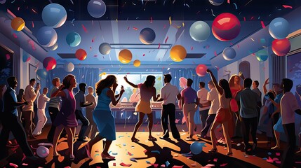 A lively group of students enjoying a house party at night, with music, laughter, and dancing filling the air. Generative AI