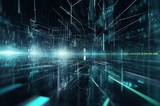 Futuristic business backdrop with glitchy network connection and moving particles. Abstract cyber security background. 3D rendering. Generative AI