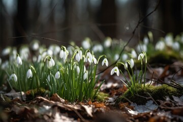Snowdrop flowers blooming amid snow in the early forest of spring. Generative AI