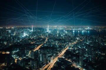 Smart networking technology showcased against a Tokyo skyline at night. Generative AI