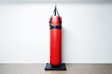 Sporting focus: A red punching bag becomes a target for precision and power, highlighting the art of boxing, isolated against white.