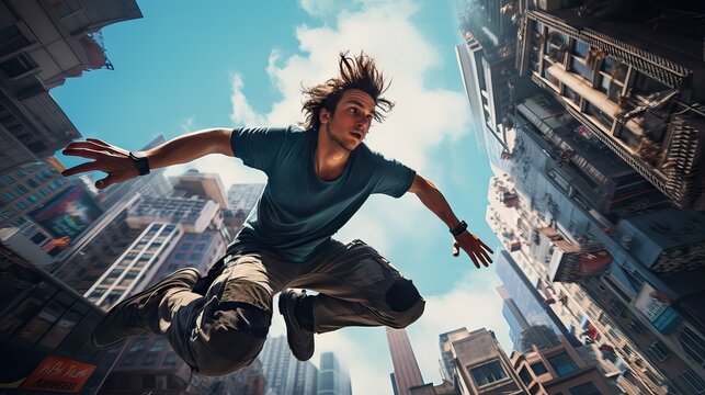 An agile young individual performing a dynamic parkour jump between city rooftops, showcasing athleticism and daring acrobatics. Generative AI