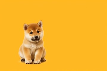 Cute Shiba Inu puppy on orange background with copy space - obrazy, fototapety, plakaty