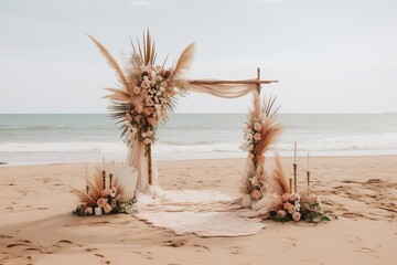 lavish boho wedding arch decoration for a wedding ceremony celebration: many pink flowers peonies and roses, satin and silk curtains
