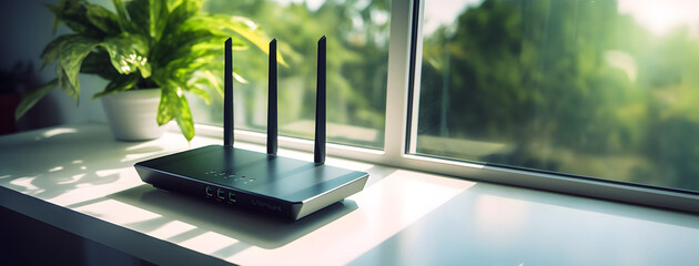 Black Wireless Router and Networking Equipment on a Table aside in the window - obrazy, fototapety, plakaty