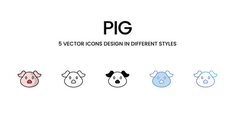 Pig Icon Design in Five style with Editable Stroke. Line, Solid, Flat Line, Duo Tone Color, and Color Gradient Line. Suitable for Web Page, Mobile App, UI, UX and GUI design.