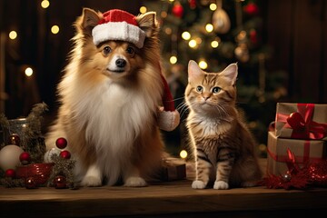 Fototapeta na wymiar dog and cat dressed in Santa outfits gathered around a beautifully Christmas tree