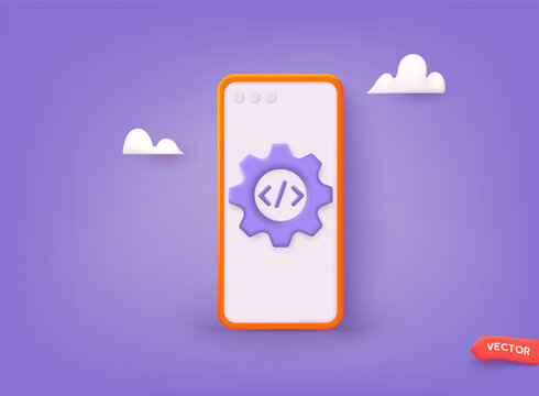 App Development. Smartphone interface building process, mobile app. 3D Web Vector Illustrations.